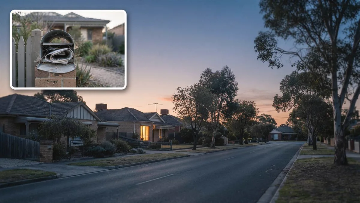 A quiet suburban street at dawn with a single light on in a front window.